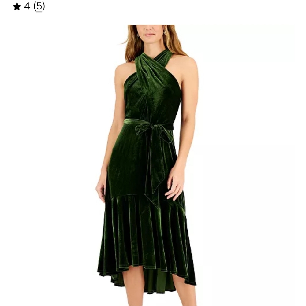 NWT Taylor Elegant Green Velvet Halter Hi-low Dress With Tie Waist
